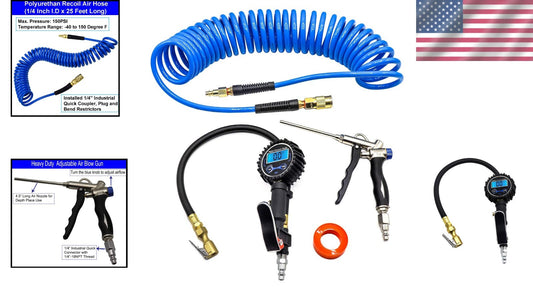 Professional Air Compressor Accessories Kit: Gauge, Hose & Adjustable Blow Gun