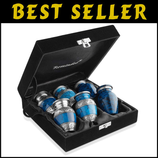 Set of 6 Mini Blue Cremation Urns with Velvet Case - Elegant Keepsake Collection