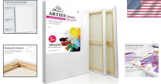 18x24 Inch Cotton Canvas Set: 5 Pack of Triple Primed, Ideal for Oil & Acrylic