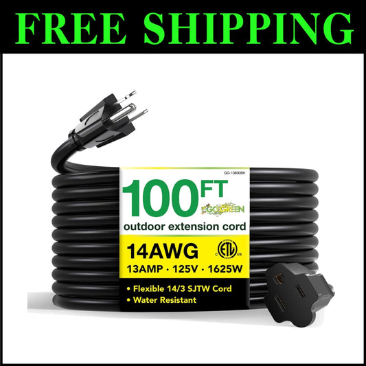 Moisture Resistant 100ft Black Extension Cord - 13A, 125V for Outdoor Tools