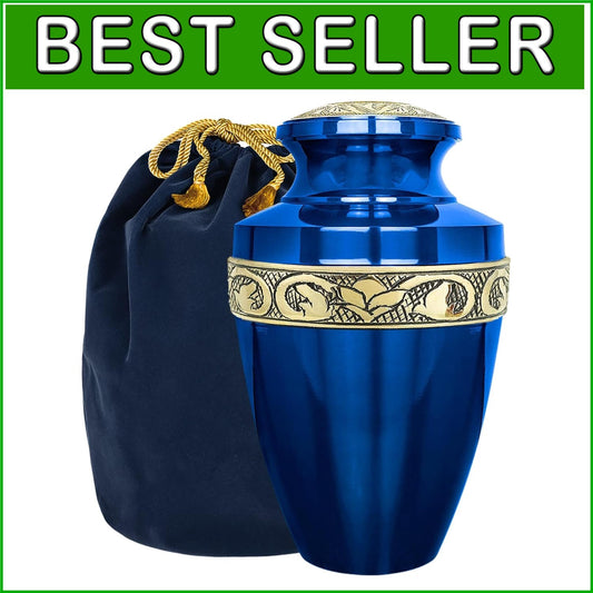 Beautiful Decorative Burial Urn for Adult Ashes - Blue and Gold Aluminum Finish