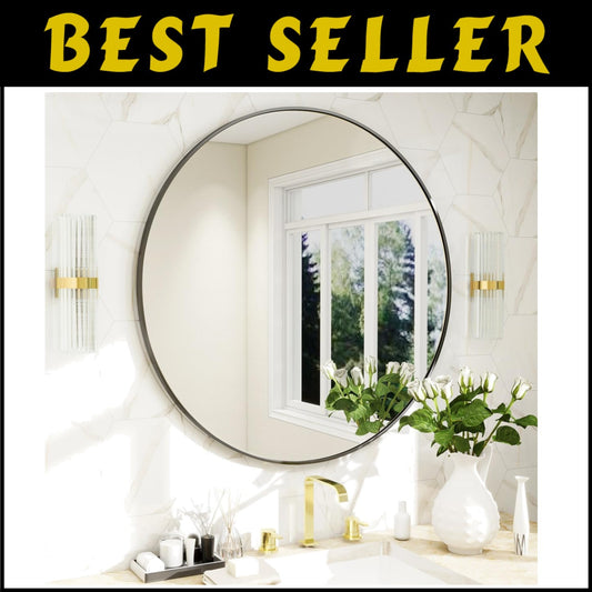 Elegant 24 Inch Round Mirror with Black Metal Frame for Modern Home Decor