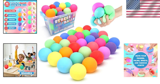32 Pack Slow Rising Stress Balls for Anxiety Relief - Durable & Safe Fidgets