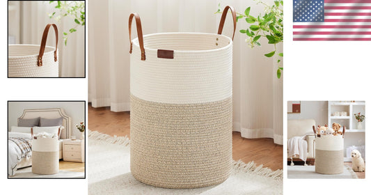 Durable 100L Laundry Hamper with Leather Handle - Portable Woven Storage Basket
