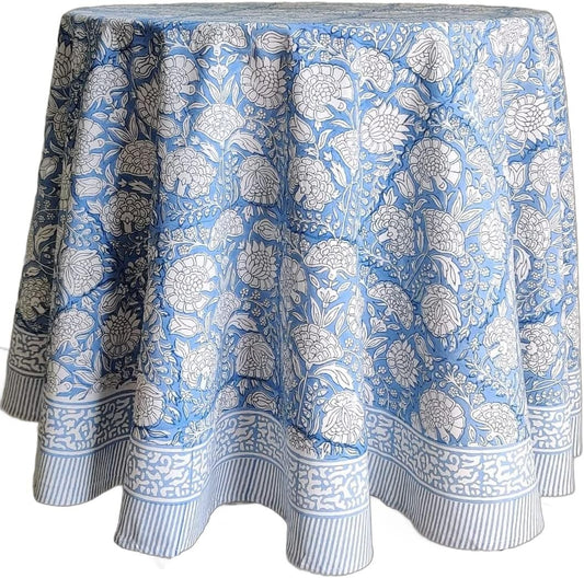 Elegant Azora Blue 100% Cotton Round Tablecloth - Machine Washable and Durable