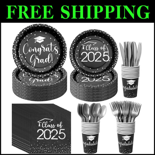 700pcs Graduation Party Supplies - Stylish Black & Silver Plates & Napkins