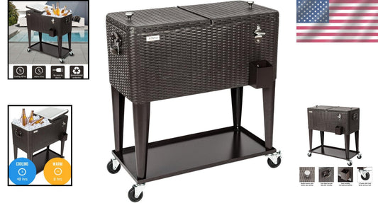 80 Quart Rolling Ice Chest Cooler Cart - Elegant Rattan Design for Patio Parties