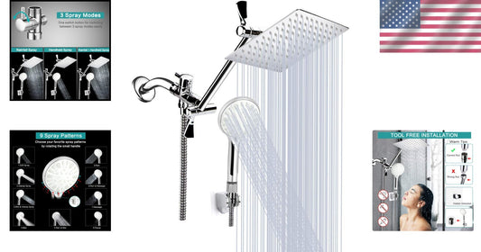 12 Inch High Pressure Rainfall Shower Head & Handheld Combo with Extension Arm