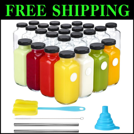 24 pcs Vintage 16oz Glass Juice Bottles with Lids & Labels - Reusable Elegance