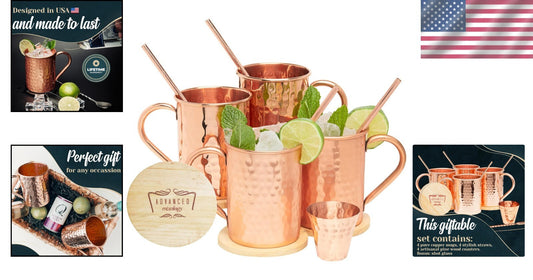 4 Pack Copper Moscow Mule Mugs with Artisan Wooden Coasters - Perfect Gift