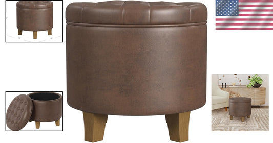 Elegant 19" Round Faux Leather Ottoman with Storage - Perfect for Living Rooms