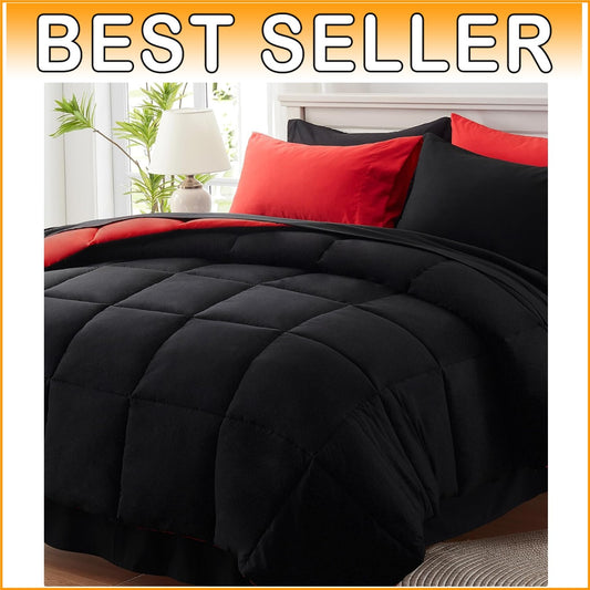All Season King Size Bedding Set: 7-Piece Reversible Comforter in Black & Red