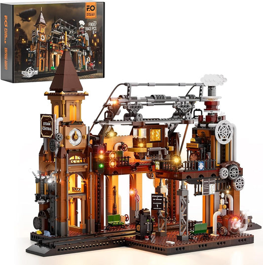 Engaging 1843-Piece Steampunk Train Station Set with Unique Lighting Features