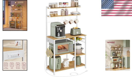 35.4 Inch Microwave Stand with 4 AC Outlets - Sturdy Kitchen Organizer in Oak