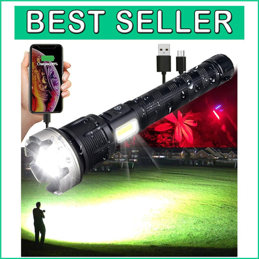 Brightest 10000 Lumens LED Flashlight with Power Bank, Adjustable Focus & Strobe