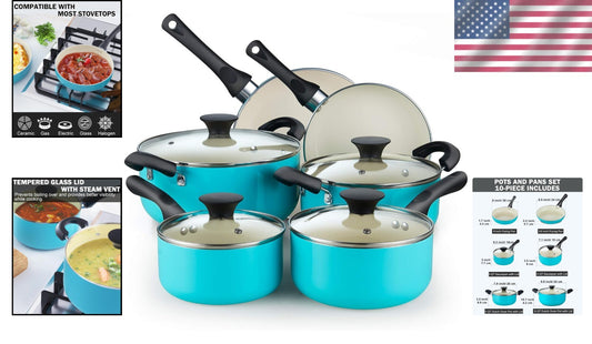 Premium 10-Piece Nonstick Cookware Set with Glass Lids in Elegant Turquoise