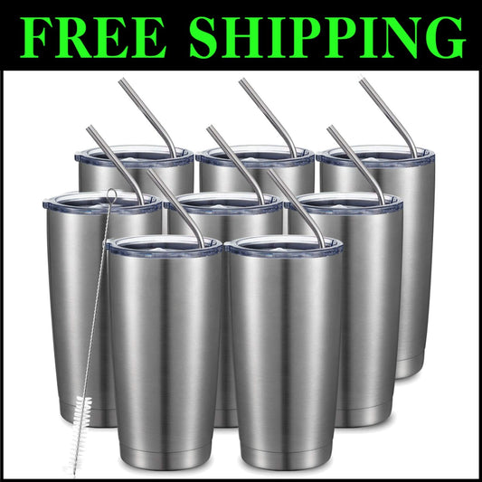 8 Pack of 20oz Insulated Stainless Steel Travel Mugs with Straws - Sleek Design