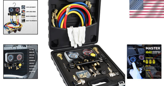 Automotive 4 Valve Manifold A/C Gauge Set – Complete with Essential Accessories