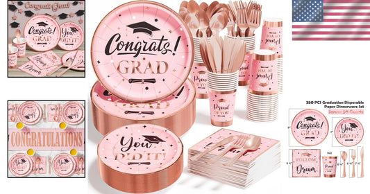 350 PCS Pink Graduation Supplies with Stylish Plates, Cups & Cutlery - Serves 50