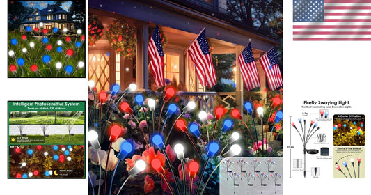 8 Solar Powered Firefly Lights in Red, White & Blue - Waterproof Outdoor Delight