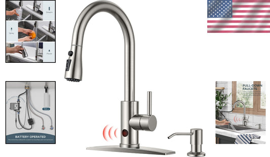 Touchless Kitchen Faucet with Soap Dispenser - Brushed Nickel, Hands-Free Luxury