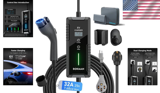 32A Level 2 Electric Vehicle Charger with Adjustable Current & Safety Features