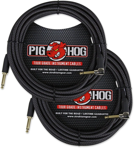 2-Pack 20ft Black Woven Instrument Cable with Gold Plated Right Angle Connectors