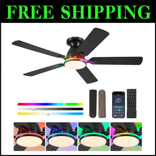 5-Blade Indoor Ceiling Fan: 52" Smart LED Light & Remote Controlled for Bedrooms