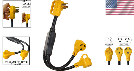 Durable 2.5ft RV Power Adapter: 50A Male to Twin 30A Female with Comfort Grip