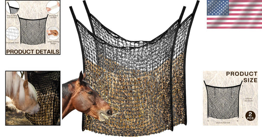 2-Pcs Slow Feed Hay Net Feeder Bags for Healthy Horse & Goat Feeding - 63x40in
