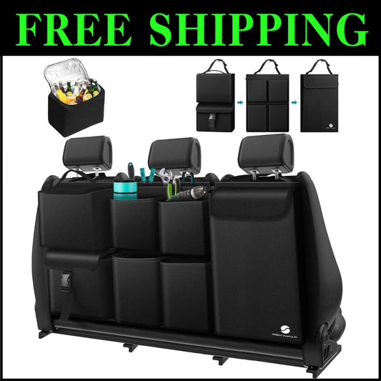 Hanging Car Trunk Organizer with Leakproof Cooler - 7 Large Compartments, Black