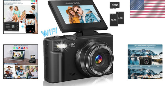 4K Vlogging Camera with 64MP, 180° Flip Screen & 18X Zoom - Perfect for Travel