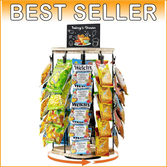 Stylish Wooden Chip Display Rack with 40 Clips and Message Board - 360° Access