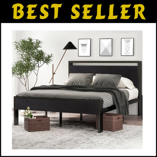 Sturdy 14-Inch Full Metal Platform Bed Frame with Rustic Black Oak Headboard