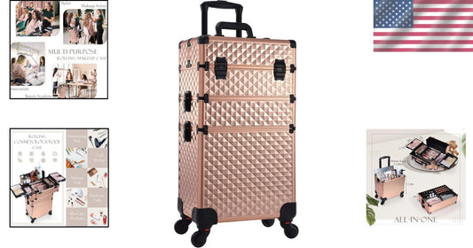 Diamond Pattern Cosmetic Rolling Case with Adjustable compartments & 4 Wheels