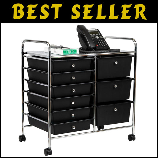 Durable Metal Utility Cart with 9 Drawers - Space-Saving Storage in Black/Silver
