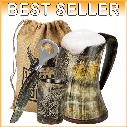 Authentic 16oz Ox Horn Mug Set: Vintage Viking Tankard with Shot Glass & Opener