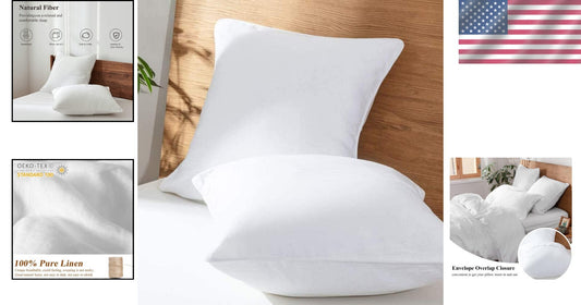 Classic White Trim Linen Euro Pillow Shams - Set of 2, 26"x26" Luxury Covers