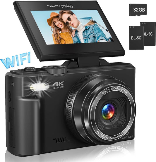4K Vlogging Camera with 64MP, 180° Flip Screen & 18X Zoom - Perfect for Travel