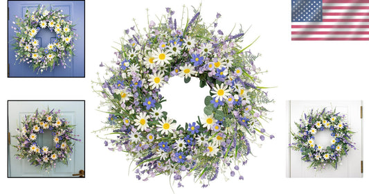 Handmade Blue Spring Wreath with White Sunflowers for Front Door Elegance