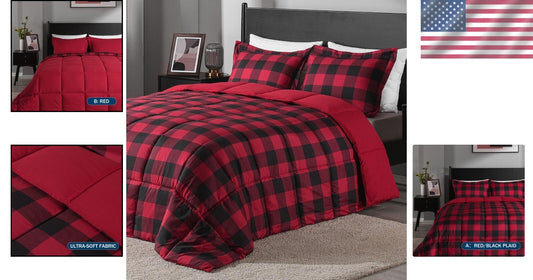 Durable and Soft King Size Comforter Set - Red/Black Plaid Pattern - 3 Pieces