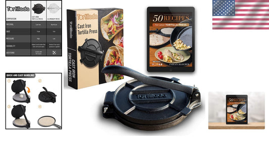 12-Inch Premium Cast Iron Tortilla Press with Recipe E-Book - Kitchen Essential