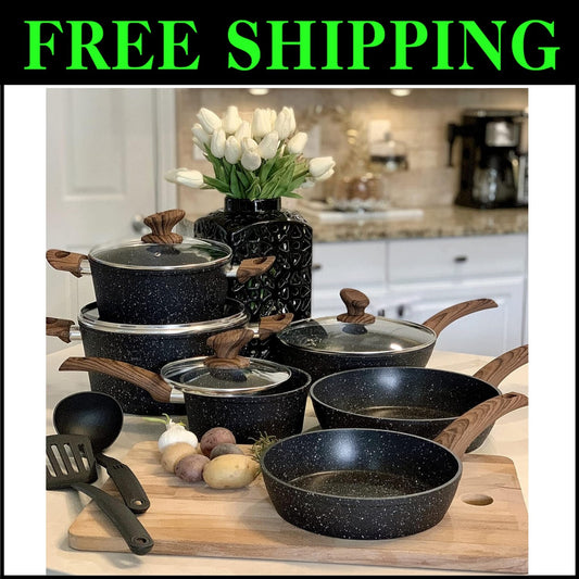 Nonstick 12-Piece Granite Cookware Set with Bakelite Handles - Dishwasher Safe