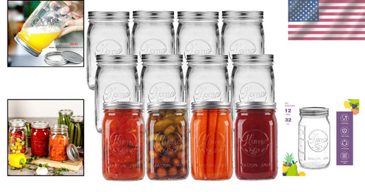 Clear Glass Mason Jars - 12 Pack 32 oz for Leafy Greens, Canning & Kitchen Decor
