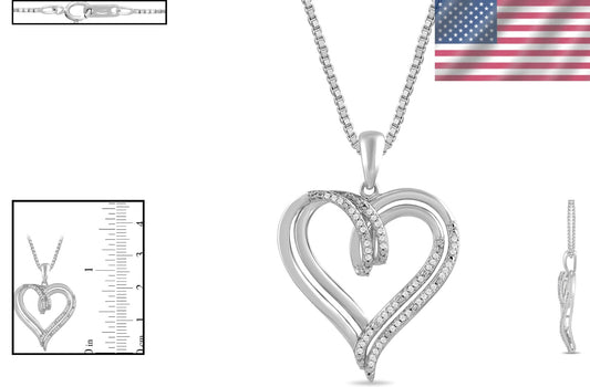 Elegant Sterling Silver Double Heart Pendant Necklace with 1/10 cttw Diamonds