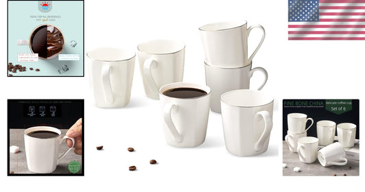 Elegant Set of 6 Gold Trim Fine Bone China Coffee Mugs - 10oz White Porcelain