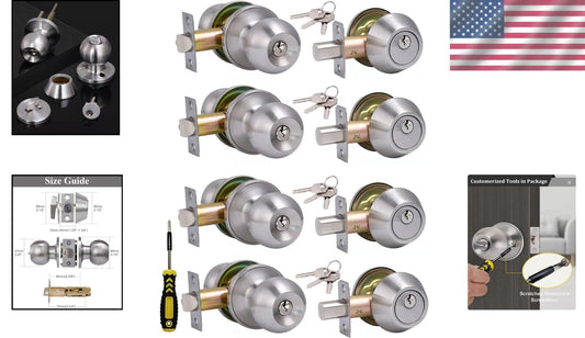 Durable Satin Nickel Door Knob Set with Deadbolt - 4 Same Keyed Security