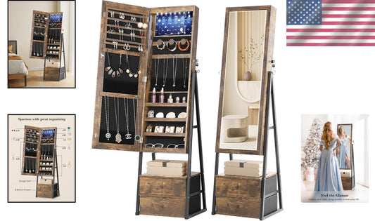 Full-Length Mirror Jewelry Cabinet with Velvet Compartments & 2 Drawers