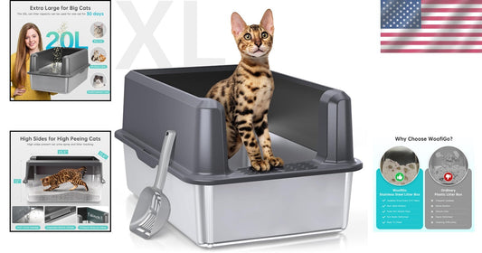 Stainless Steel XL Cat Litter Box with High Walls - Anti-Leak & Easy Care