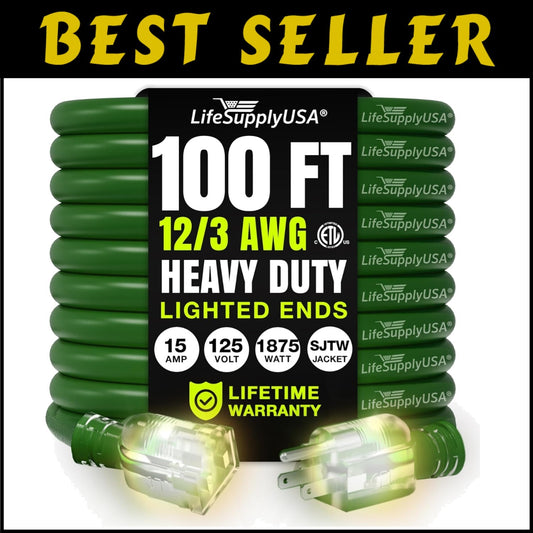 100ft Long Power Cord - Heavy Duty 12/3 Gauge, Flexible & Waterproof Outdoor Use